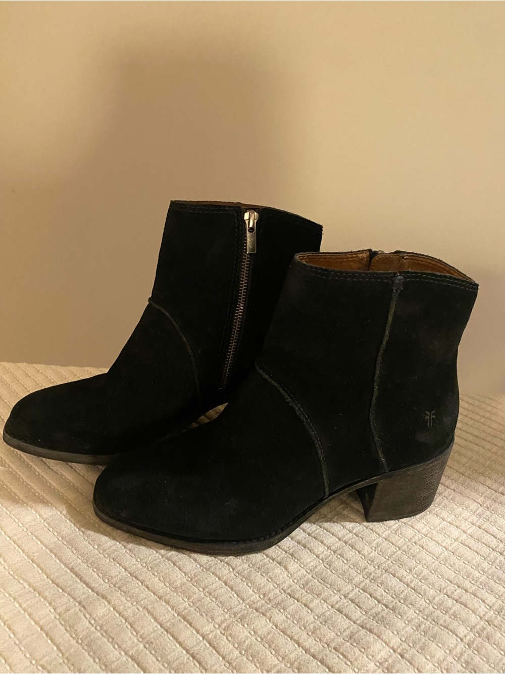 Frye Black Suede Low Heel Ankle Booties with Side Zip